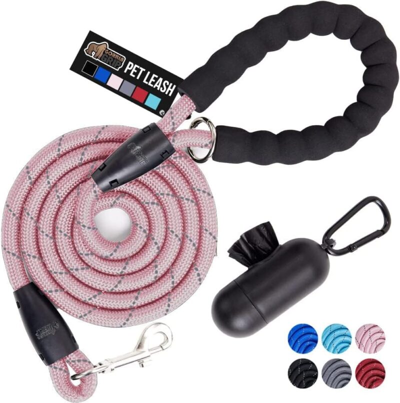 Gorilla Grip Heavy Duty Dog Leash, Soft Handle, Strong Reflective Rope for Night Walking, Small Medium Large Dogs, Durable Puppy Training Leashes, Rotating Metal Clip, Waste Bag Dispenser, Pink