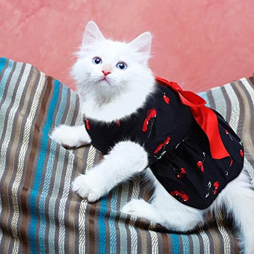 3 Pieces Cute Ribbon Dog Dress for Small Medium Dogs Puppy Shirts Dog Clothes Pet Apparel for Cats in Wedding Holiday Christmas New Year Spring Summer (White Dots, Black White Stripes, Cherries,M) - Image 5
