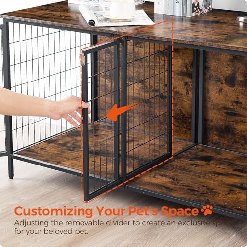 MAHANCRIS Dog Crate Furniture for 2 Dogs, 43.3" Dog Kennel with Removable Divider, Heavy Sturdy Dog Furniture Style Double Cage for Small Medium Dog, Indoor Dog House End Table, Rustic Brown DCHR1201 - Image 6