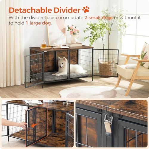MAHANCRIS Dog Crate Furniture for 2 Dogs, 43.3" Dog Kennel with Removable Divider, Heavy Sturdy Dog Furniture Style Double Cage for Small Medium Dog, Indoor Dog House End Table, Rustic Brown DCHR1201 - Image 4