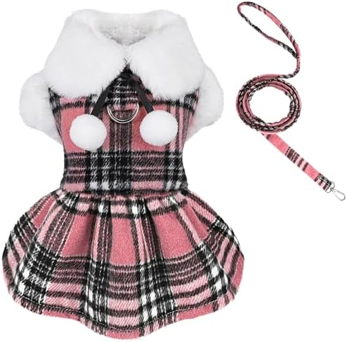 Plaid Dog Harness Dress and Leash Set, Fleece Dog Sweater for Small Dogs Girl, Fall Winter Warm Puppy Clothes with D Ring, Pink Pet Cat Outfit