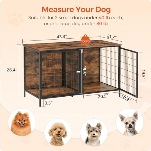 MAHANCRIS Dog Crate Furniture for 2 Dogs, 43.3" Dog Kennel with Removable Divider, Heavy Sturdy Dog Furniture Style Double Cage for Small Medium Dog, Indoor Dog House End Table, Rustic Brown DCHR1201 - Image 5