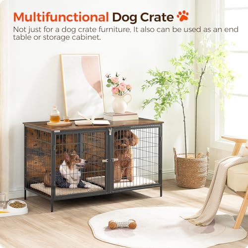 MAHANCRIS Dog Crate Furniture for 2 Dogs, 43.3" Dog Kennel with Removable Divider, Heavy Sturdy Dog Furniture Style Double Cage for Small Medium Dog, Indoor Dog House End Table, Rustic Brown DCHR1201 - Image 2
