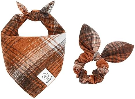 E-Clover Fall Dog Bandana & Matching Scrunchie-Thanksgiving Dog Bandana Triangle Plaid Pet Scarf Bib for Small Dogs Puppy Girl Boy Owner Gift