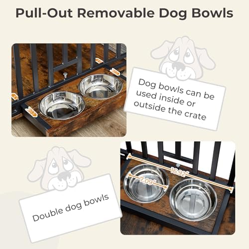 Lyromix Dog Crate Furniture with Pull-Out Dog Bowls, 43.7'' Heavy Duty Wooden Dog Kennel with Double Doors & Flip-Top for Large Dogs, Furniture Style Dog Crate End Table with Wheels, Brown - Image 3