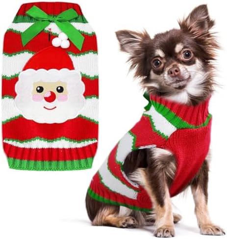 PETCARE Small Dog Christmas Sweater with Harness Hole Cute Santa Red Striped Puppy Dog Clothes for Small Medium Dogs Cats Warm Fall Winter Knitted Dog Cat Xmas Outfits Pet Pullover Vest, X-Large