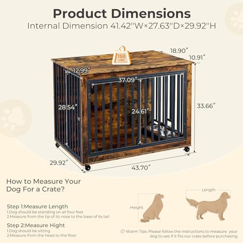 Lyromix Dog Crate Furniture with Pull-Out Dog Bowls, 43.7'' Heavy Duty Wooden Dog Kennel with Double Doors & Flip-Top for Large Dogs, Furniture Style Dog Crate End Table with Wheels, Brown - Image 7