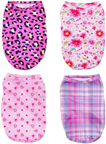 PET SHOW 4 Pack Paw Bone Printed Dog Clothes Shirts Soft Vest Lightweight Sleeveless Cats Doggies T-Shirts Puppies Tank Top Tee for Small Medium Dogs White Black Pink Blue (Small, Pink for Girls)