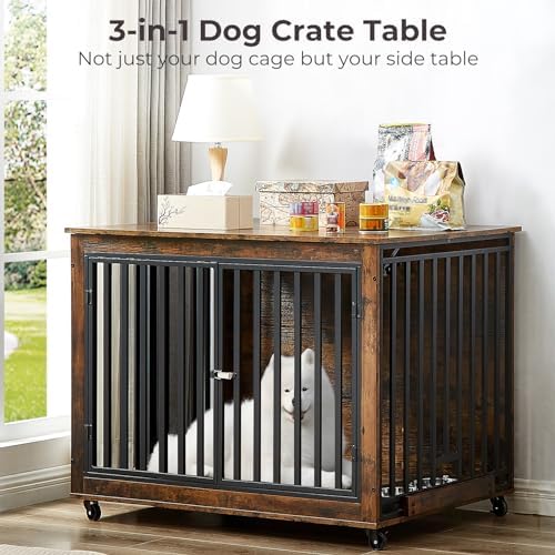 Lyromix Dog Crate Furniture with Pull-Out Dog Bowls, 43.7'' Heavy Duty Wooden Dog Kennel with Double Doors & Flip-Top for Large Dogs, Furniture Style Dog Crate End Table with Wheels, Brown - Image 2