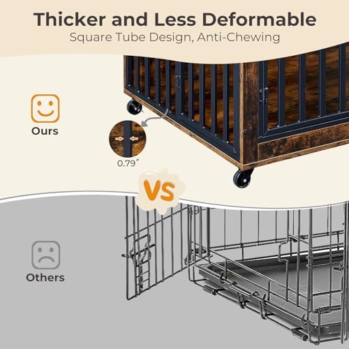 Lyromix Dog Crate Furniture with Pull-Out Dog Bowls, 43.7'' Heavy Duty Wooden Dog Kennel with Double Doors & Flip-Top for Large Dogs, Furniture Style Dog Crate End Table with Wheels, Brown - Image 5