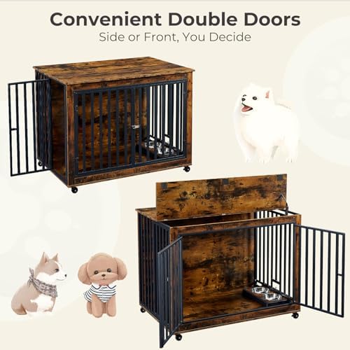 Lyromix Dog Crate Furniture with Pull-Out Dog Bowls, 43.7'' Heavy Duty Wooden Dog Kennel with Double Doors & Flip-Top for Large Dogs, Furniture Style Dog Crate End Table with Wheels, Brown - Image 4