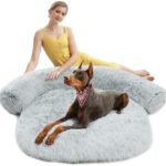 Auvce Fluffy Calming XL Dog Bed Deluxe Anti-Anxiety Plush Dog Mat Dog Couch Cover for Furniture Protector with Removable Pillow & Washable Cover, 45''x37''x7.5'', Grey