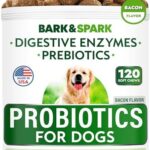 Bark&Spark Dog Probiotics & Digestive Enzymes (Gut Health) Allergy & Itchy Skin - Pet Diarrhea Gas Treatment Upset Stomach Relief Pill, Digestion Health Prebiotic Supplement Tummy Treat (120Ct Bacon)