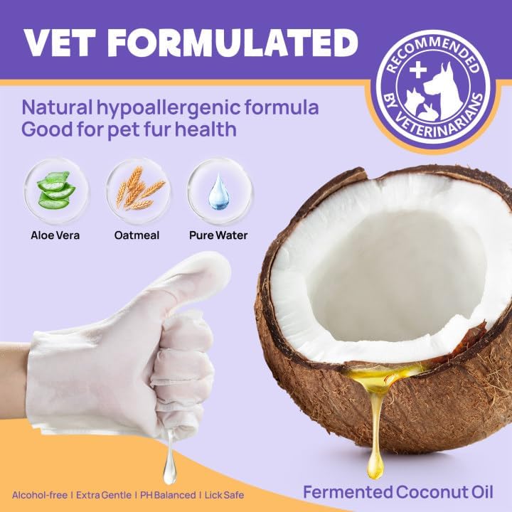 HICC PET Cleaning Deodorizing Bathing Wipes for Dogs and Cats, Hypoallergenic Dogs Grooming Wipes, Coconut Oil Nourish Fur, Cat Cleaning Gloves Wipes for Daily Care and Traveling - Unscented - Image 3