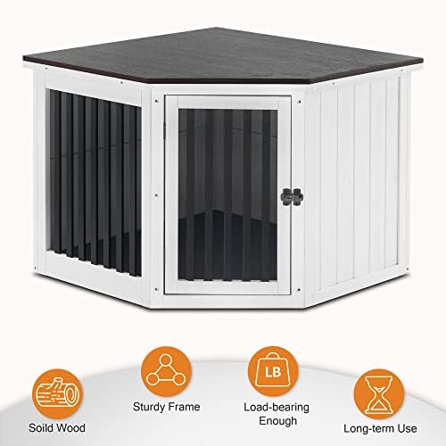 MCombo Furniture Corner Dog Crate, End Table Dog Kennel with Door, Wooden Dog House, Pet Crate Indoor Use 1578 (Medium, White and Brown) - Image 6
